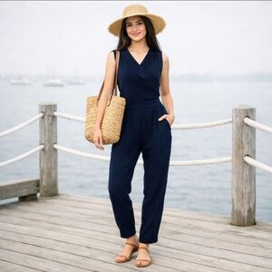 Molly Bracken navy Jumpsuit knit sleeveless Summer Preppy Comfy waist tie . Sz S